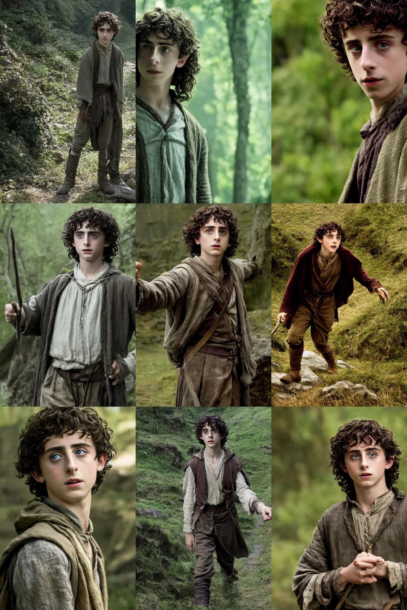 Prompt: movie still of timothee chalamet as frodo in the lord of the rings, 4 k, high quality