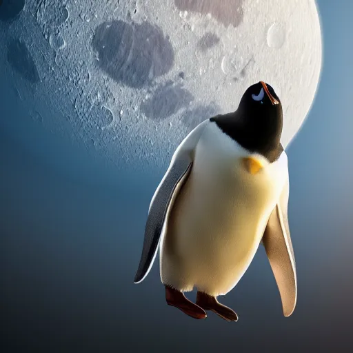 Image similar to a realistic highly detailed 3D render of a penguin dressed as an astronaut, floating in space, moon in the background, octane render, 4k, trending