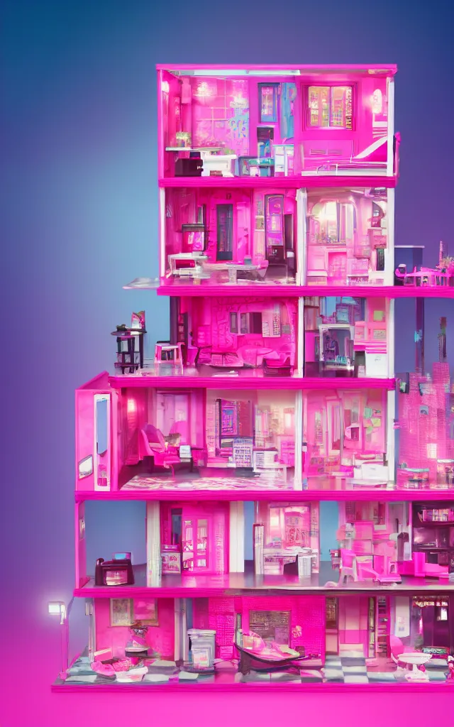 Image similar to a cute pink cyberpunk doll house, barbie house by mattel, octane rendered, led lighting, 4 k