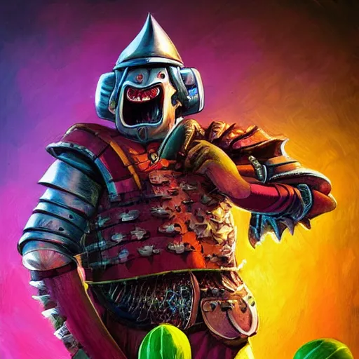 Image similar to nigel thornberry wearing medieval armor, smashing a watermelon, cyberpunk, vivid, neon, universe background