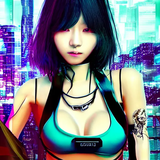 Prompt: cyberpunk k - pop idol in bikini, grunge, dystopia, hyper realism, vivid
