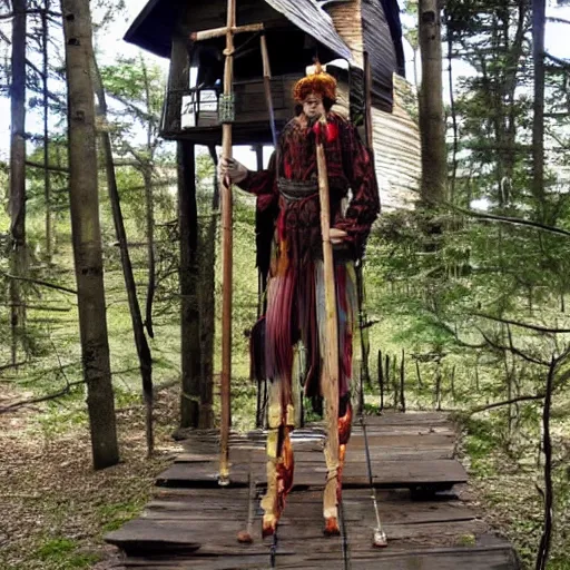 Image similar to Baba yaga tavern walking on stilts. No people. Stilts have claws.