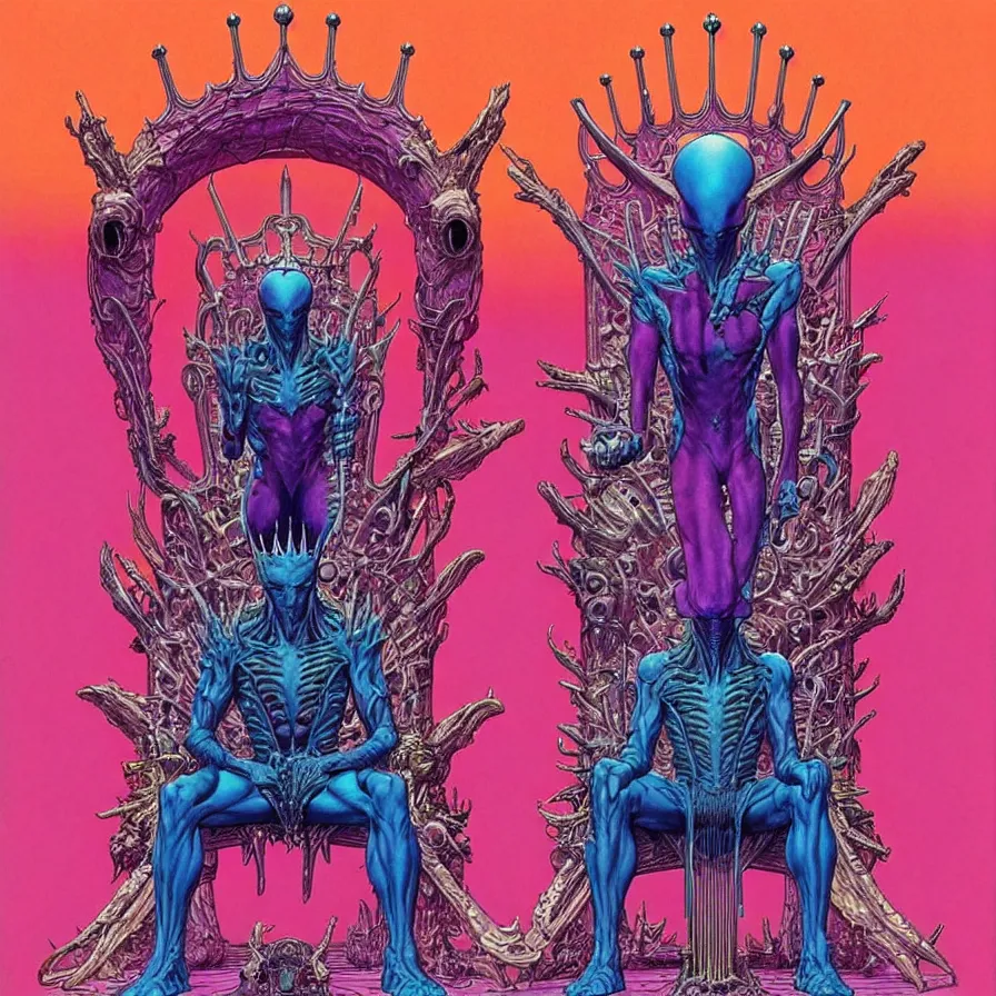 Image similar to ( ( ( ( an alien king sitting on a throne, with decorative frame design ) ) ) ) by mœbius!!!!!!!!!!!!!!!!!!!!!!!!!!!, overdetailed art, colorful, artistic record jacket design