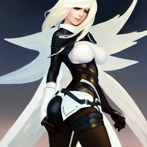 Image similar to greg manchess painting of a 2 yorha type a no. 2 as mercy from overwatch!! in a wartorn environment, white long hair, large white wings, organic painting, trending on artstation, by huang guangjian and gil elvgren and sachin teng