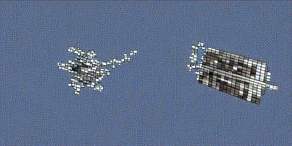 Image similar to chrome satellite floating through space, pixelart style