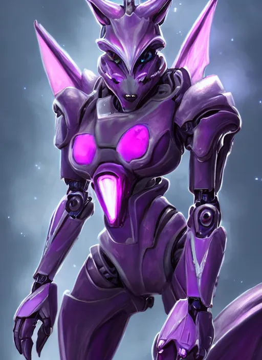 Image similar to cinematic goddess close shot, beautiful stunning anthropomorphic robot mecha female dragon, detailed maw, metal ears, led purple eyes, smooth fuschia skin, smooth silver armor, floating in space, holding a galaxy, epic proportions, epic size, epic detail, furry art, dragon art, giantess art, warframe fanart, furaffinity, octane