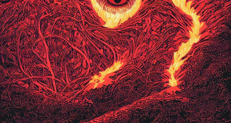 Prompt: a volcano made of ivory vines and crimson rocks enters in eruption, it spits a smoke in the shape of demonic eye, by Dan mumford,