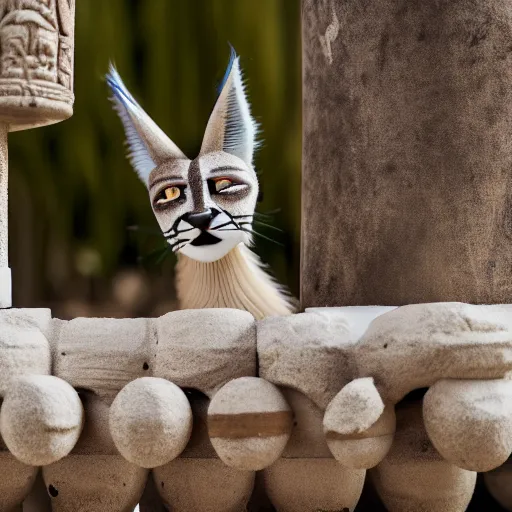 Image similar to a cinematic film still of a claymation stop motion film starring cute caracal, big wooden barrel, ancient greek city, marble temple columns, olive trees, shallow depth of field, 8 0 mm, f 1. 8