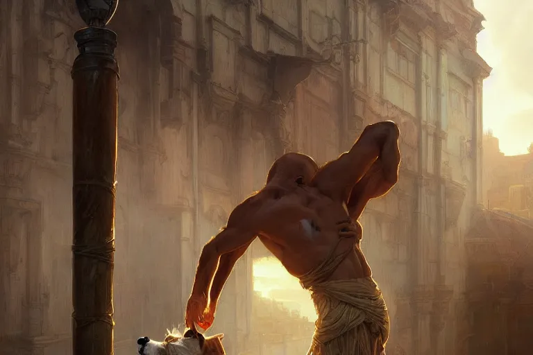 Image similar to a man tied to a pillar and jack russel terrier pissing on him, highly detailed, hyperrealistic digital painting, artstation, concept art, smooth, sharp focus, illustration, cinematic lighting, art by artgerm and greg rutkowski and alphonse mucha