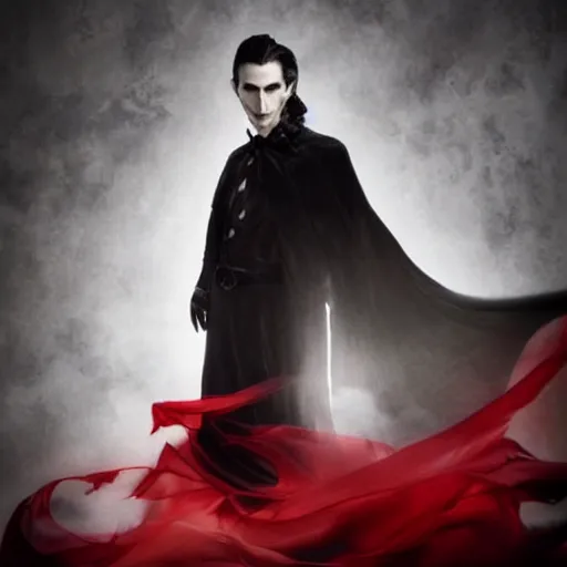 Image similar to a vampire, male, late - 4 0 s aged, long, slicked black hair, clean shaven, wearing a cape, regal, royal, grim facial expression, high fantasy, cinematic shot, red and black colors, full body shot.