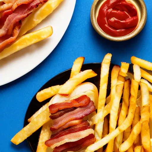 Prompt: professional photo of a plate with a hotdog sliced lengthwise with relish, cheese and bacon on top of it with a side of skin-on French fries and ketchup, 4k