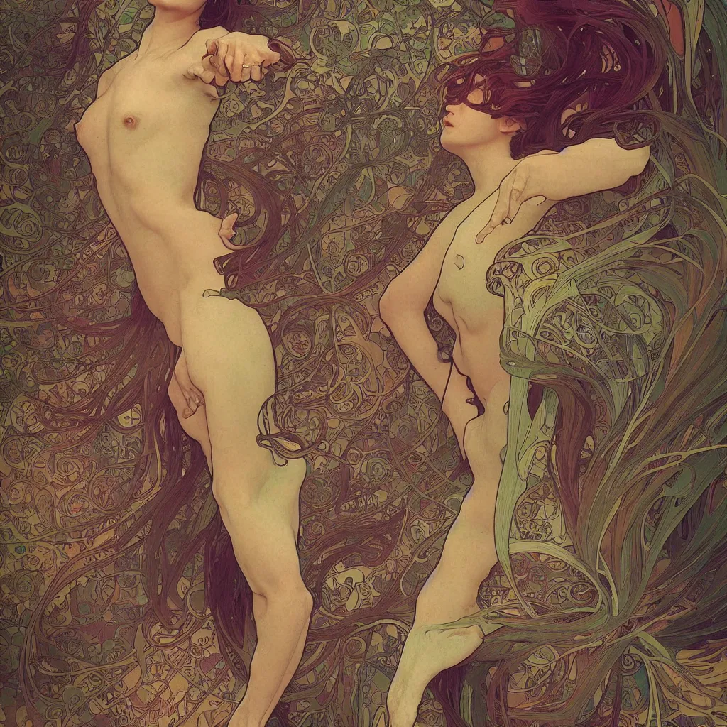 Image similar to human body made of thin rainbox Art Nouveau, Alphonse Mucha, cinematic realistic photo, octane render