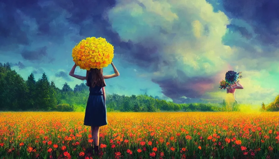 Image similar to girl with a giant flower head, surreal photography, dream, standing in flower field, hills, big trees, sunrise dramatic light, impressionist painting, colorful clouds, digital painting, pointillism, artstation, simon stalenhag, flower face