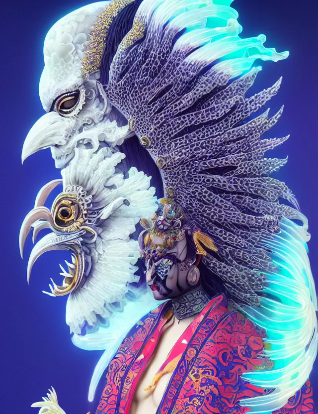 Image similar to 3 d goddess in robe close - up profile portrait with ram skull. beautiful intricately detailed japanese crow kitsune mask and clasical japanese kimono. betta fish, jellyfish phoenix, bio luminescent, plasma, ice, water, wind, creature, artwork by tooth wu and wlop and beeple and greg rutkowski