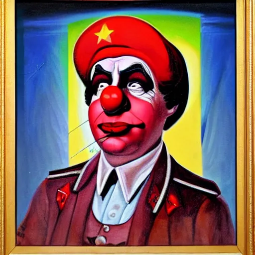 Image similar to communist clown portrait, soviet propaganda painting, vivid colors