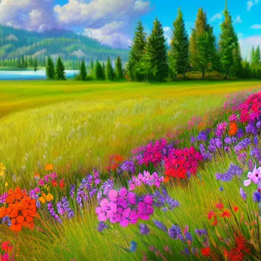 Image similar to meadow with colorful flowers and lake detailed airbrushed magical realism landscape painting 4 k