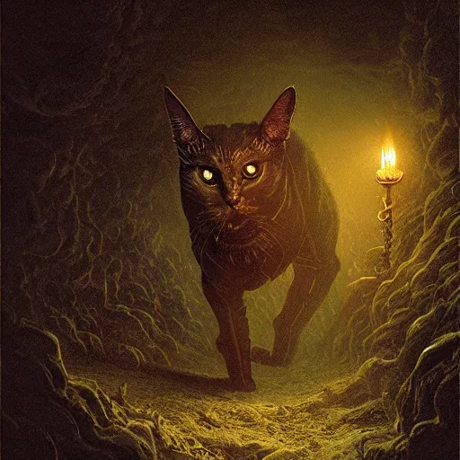 Prompt: photorealistic demonic eldritch cat in the style of michael whelan and gustave dore. hyperdetailed photorealism by greg rutkowski. 1 0 8 megapixels, 3 d finalrender, cinematic lighting. eldritch wiccan cat