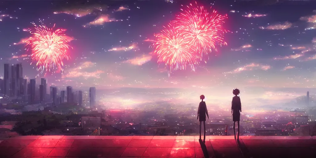 Image similar to realistic building, fireworks, wide landscape, eva, war, lonely, art by makoto shinkai