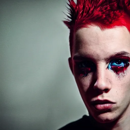 Prompt: young man with a short red dyed mohawk, red eyes and a slim face, dressed in punk clothing, punk style, headshot photo, attractive, handsome, in color, no lipstick