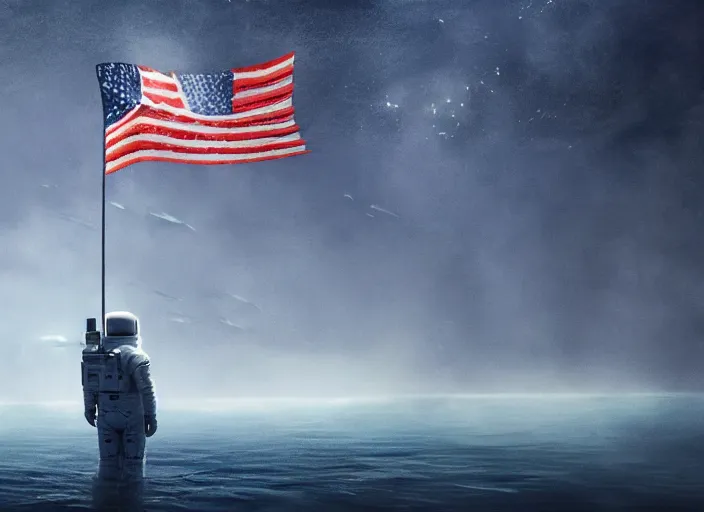 Image similar to astronaut holding a flag in an underwater desert. a submarine is visible in the distance. dark, concept art, cinematic, dramatic, atmospheric, 8 k, trending on artstation, blue, fish, low visibility, fog, ocean floor, christopher nolan, interstellar