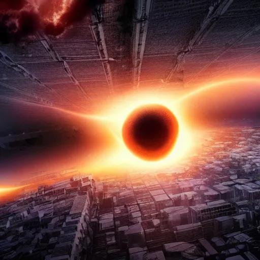 Prompt: movie still of a black hole destroying the city 4 k, part of buildings flying into the black hole, post apocalypse, epic art