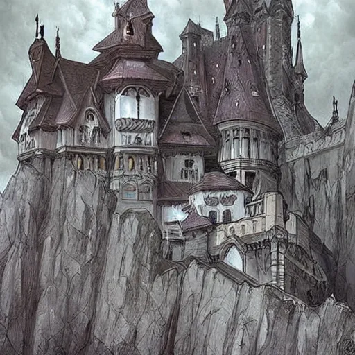 Image similar to a fantasy goth castle on hill, digital art, photorealistic, dark, smooth, sharp focus, artgerm, alphonse mucha