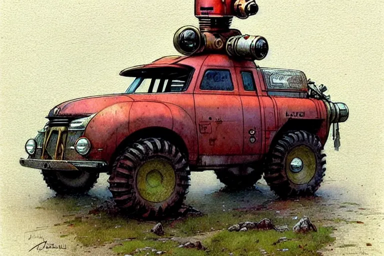 Prompt: adventurer ( ( ( ( ( 1 9 5 0 s retro future robot android fat knome rv offroad truck robot. muted colors. ) ) ) ) ) by jean baptiste monge!!!!!!!!!!!!!!!!!!!!!!!!! chrome red