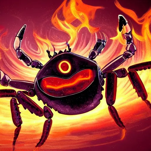 Image similar to a robot crab with the face of bill gates, background of flames.