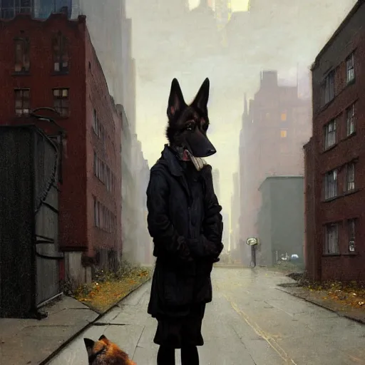 Prompt: new york city portrait of furry anthro anthropomorphic german shepard head animal person fursona wearing clothes cybernetic muzzle sad gloomy in the alley, sunny day, digital art by Nerdrum John, William Waterhouse, Winslow Homer, Alex Heywood, Jordan Grimmer, Darren Quach, Greg Rutkowski, Simon Stalenhag, trending on Artstation, CGSociety