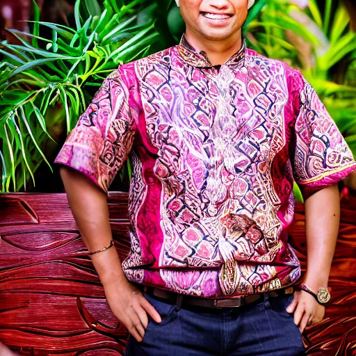 Image similar to A Photo Portrait of Joe Wearing Indonesian Batik Tulis at a fancy Balinese restaurant, award winning photography, sigma 85mm Lens F/1.4, blurred background, perfect faces