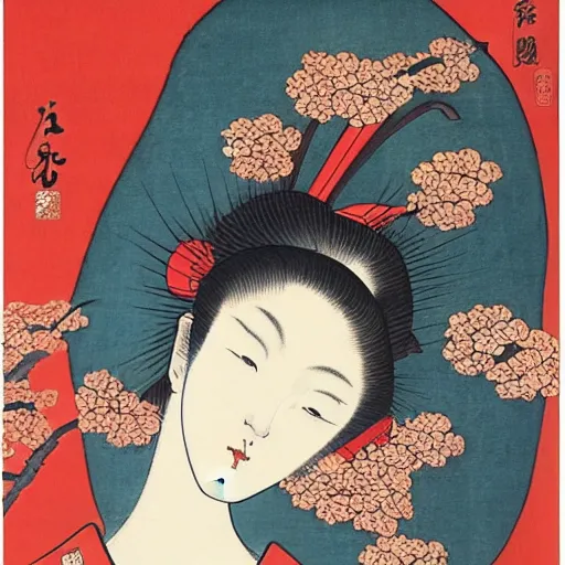 Image similar to Renaissance oil painting, ukiyo-e, surreal, manga young lady flowers