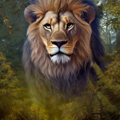 Prompt: A beautiful detailed painting of a lion with the face and wings of an eagle in a magical forest, ray traced sun light, by john sargent and Kalin Popov , Trending on artstation HD.