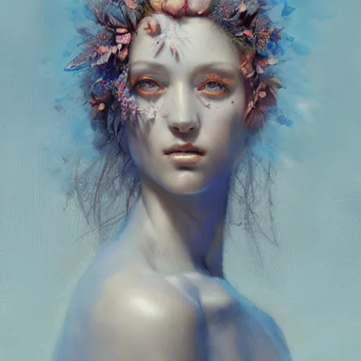 Image similar to beautiful woman under soft blue light by arcimboldo, greg rutkowski, trending on artstation, award - winning, masterpiece