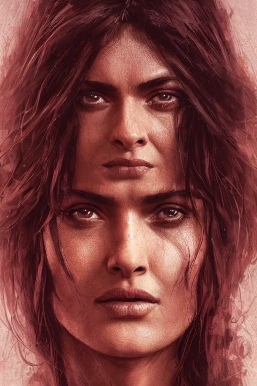 Image similar to portrait, Salma Hayek , barbarian , face portrait, raphael lacoste, eddie mendoza, alex ross, concept art, matte painting, highly detailed, rule of thirds, dynamic lighting, cinematic, detailed, denoised, centerd