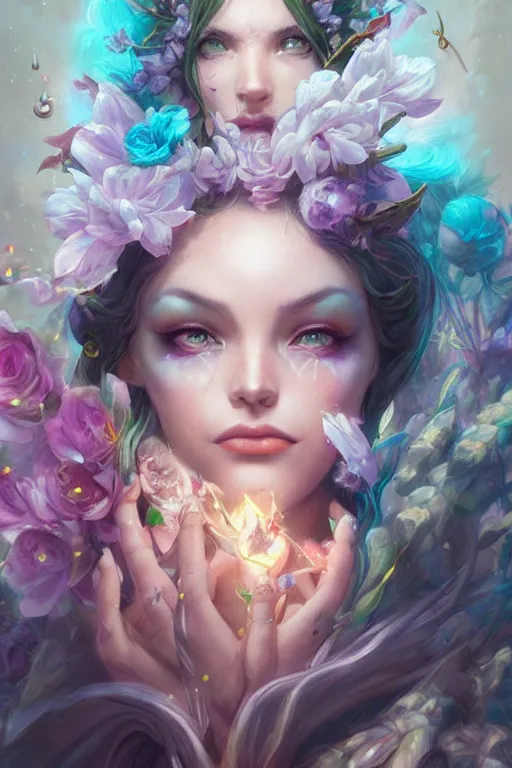 Image similar to face closeup beautiful girl wizard covered with rainbow and ice, holding flowers and casting magic spell, angel, storm and thunder clouds, fantasy, magic the gathering, hyper detailed, 3 d render, hyper realistic detailed portrait, peter mohrbacher