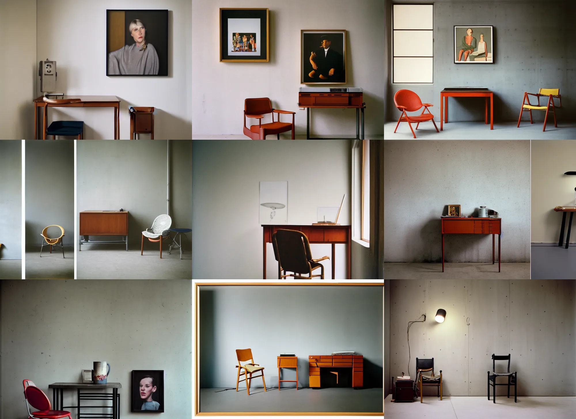 Prompt: kodak portra 4 0 0, 8 k, wide flashlight shot of a highly detailed, britt marling style, colour still - life portrait of a large minimalistic room, rough concrete walls, square pictureframes, a picasso painting, a 1 9 2 0 s table, 2 0 s chair, 6 0 s radio