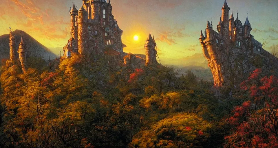 Image similar to haunted castle in a hill next to a giant valley, sunrise by gerald brom