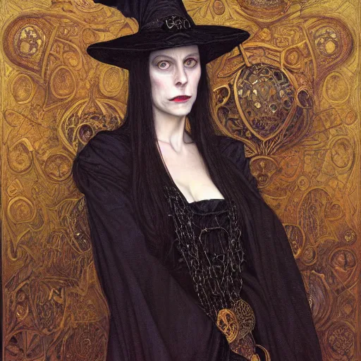 Image similar to portrait of a witch, dressed in black clothes embroidered with gold, by donato giancola, gerald brom, and berthold woltze.