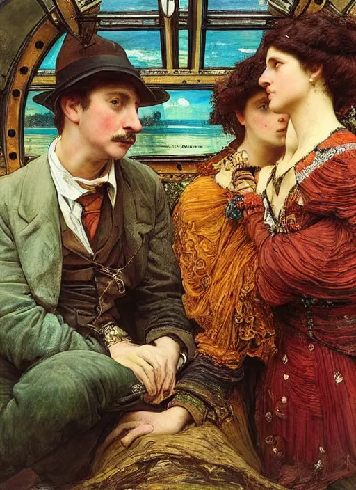 Prompt: detailed colourful masterpiece of photography double couple portrait sat down extreme closeup, inside an underwater train, detailed realistic expressions, wearing unusual clothes, by ford madox brown and william powell frith and moebius and frederic leighton and john william waterhouse