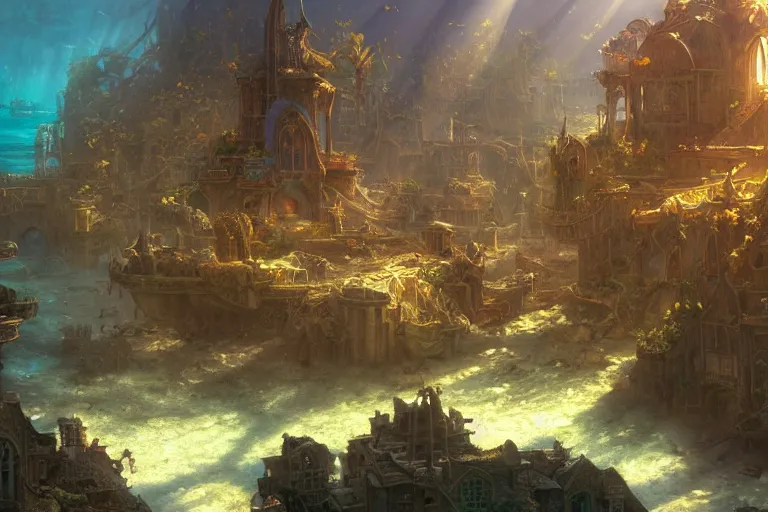 Image similar to a scenic landscaping view of the lost and abandoned city of Atlantic under water, ray of sunlight, mermaids in distance, Greg Rutkowski, Moebius, Mohrbacher, Mucha, blue and gold color scheme, ultra wide angle, ultra detailed, light effect