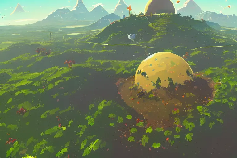 Prompt: computer game art, a small planet in the future, a Tinker's shack on a barren planet, wild berry vines, a berry farm, space junk, volcanoes, in the style of No Man's Sky and Breath of the Wild