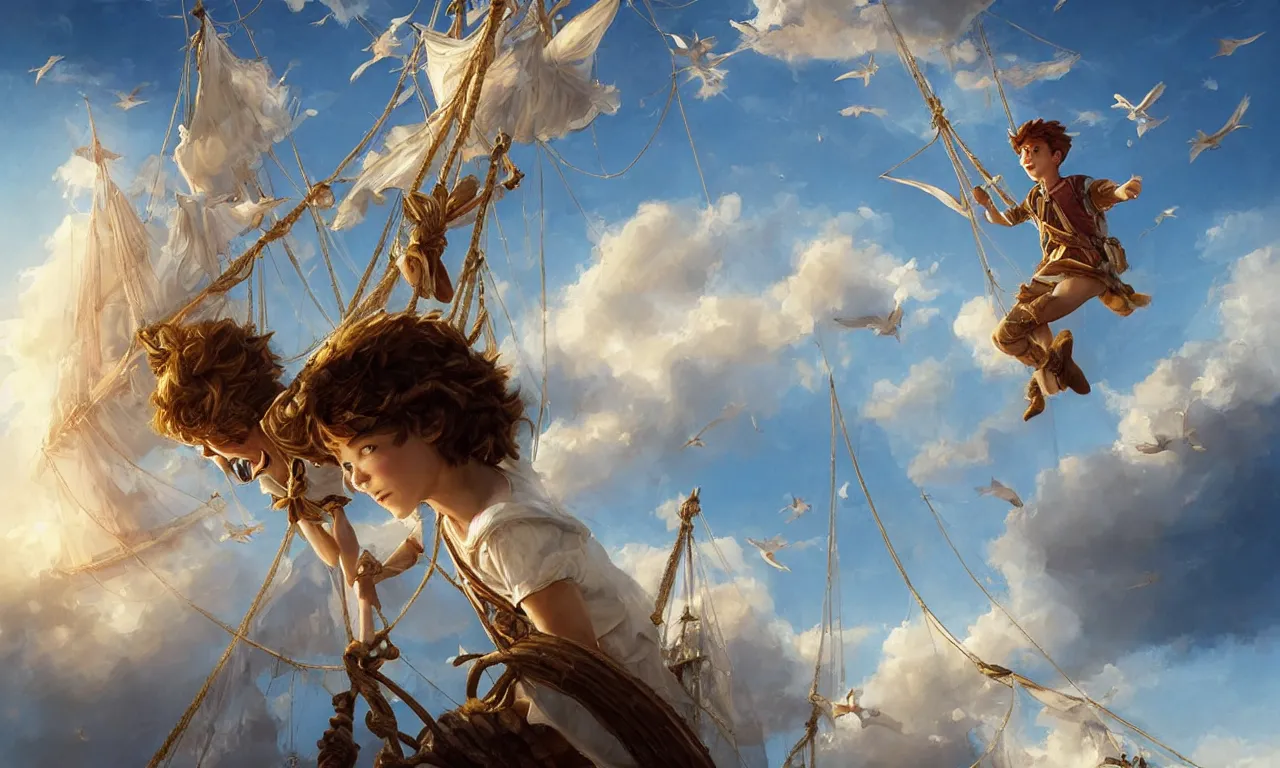 Image similar to a beautiful digital painting of peter pan, a white caravel flying in the clouds, birds in the sunlight, numerous golden ropes and intricated sails, blue sky at sunset, elegant, highly detailed, artstation, concept art, matte, sharp focus, art by tom bagshaw, kelogsloops and greg rutkowski