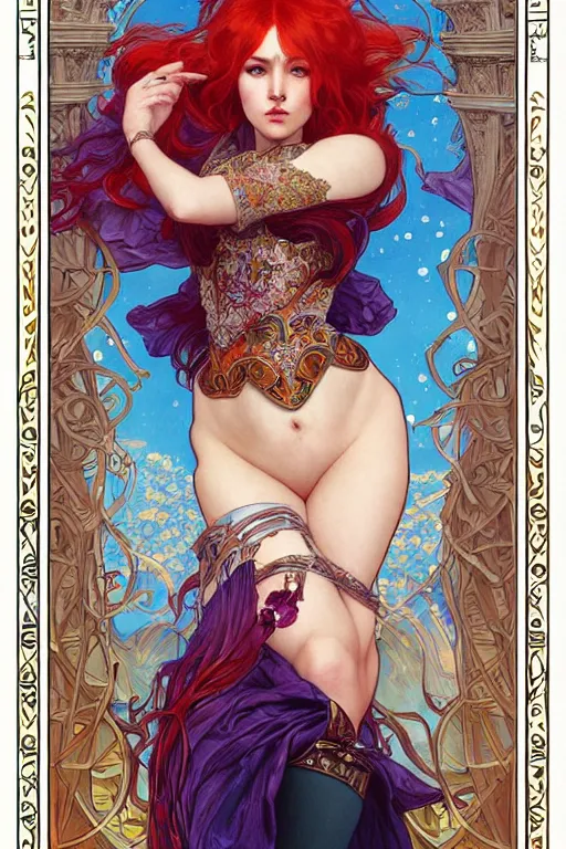 Image similar to a full body tarot card of the red haired thicc empress of eternity, space, universe, portrait, highly detailed, deep focus, elegant, digital painting, smooth, sharp focus, illustration, ultra realistic, 8 k, art by artgerm and alphonse mucha