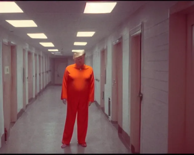 Image similar to establishing shot, film still of donald trump wearing orange prison pajamas locked up in an asylum, cinematic masterpiece, octane, dramatic lighting, very detailed