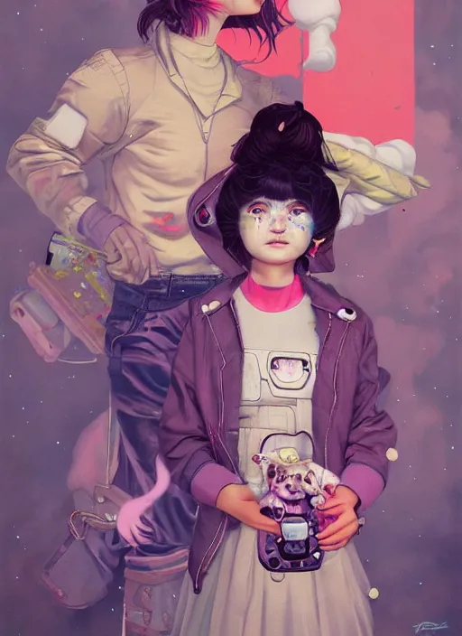 Prompt: beautiful portrait painting of a cute lofi cyberpunk princess girl and her corgi assassin king, by Afarin Sajedi, Alessandro Barbucci, Alex Gross, Shin Jeongho, Shohei Otomo. trending on Artstation, 8k, masterpiece, graffiti paint, fine detail, full of color, intricate detail, golden ratio illustration