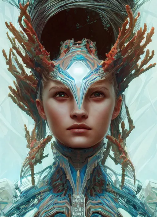 Image similar to symmetry!! portrait of oceanic coral alien in the style of horizon zero dawn, machine face, intricate, elegant, highly detailed, digital painting, artstation, concept art, smooth, sharp focus, illustration, art by artgerm and greg rutkowski and alphonse mucha, 8 k