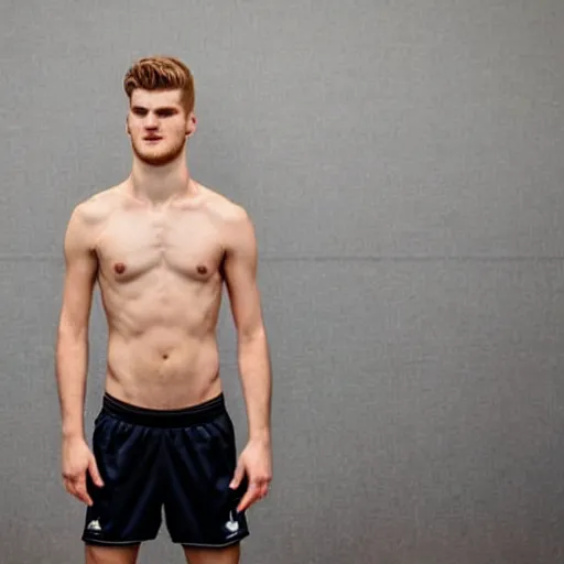 Image similar to a realistic detailed photo of a guy who is an attractive humanoid who is half robot and half humanoid, who is a male android, soccer player timo werner, shiny skin, posing like a statue, blank stare, in a living room, on display, showing off his muscles