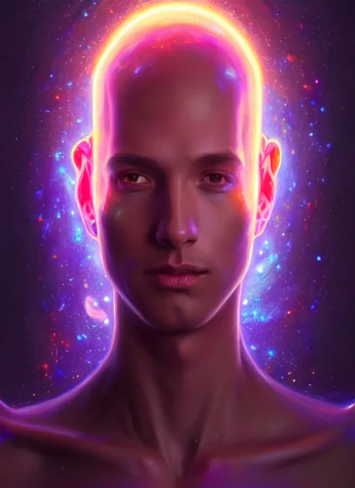 Image similar to a faceless humanoid male liquefied stardust adventurer, dnd fantasy character, full body portrait, glowing neon skin, magical aura, ultra realistic, intricate, elegant, highly detailed, digital painting, artstation, smooth, sharp, focus, illustration, art by artgerm and greg rutkowski and alphonse mucha