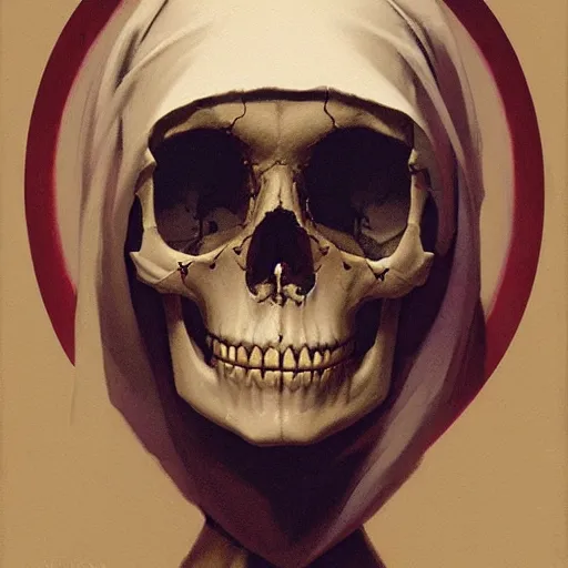 Image similar to painting of the virgin mary skull face by greg rutkowski and jc leyendecker