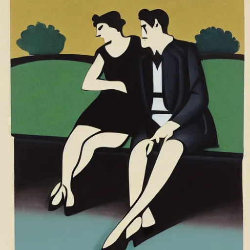 Prompt: a couple sitting on a park bench, art deco
